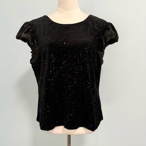 Nanette Lepore Women’s Short Sleeve Embroidered Sequin Black Velvet Top Size L‎